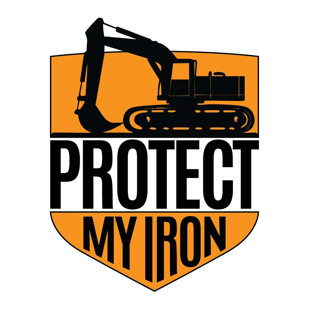 Protect My Iron logo with a black excavator illustration and "Protect My Iron" on an orange shield.